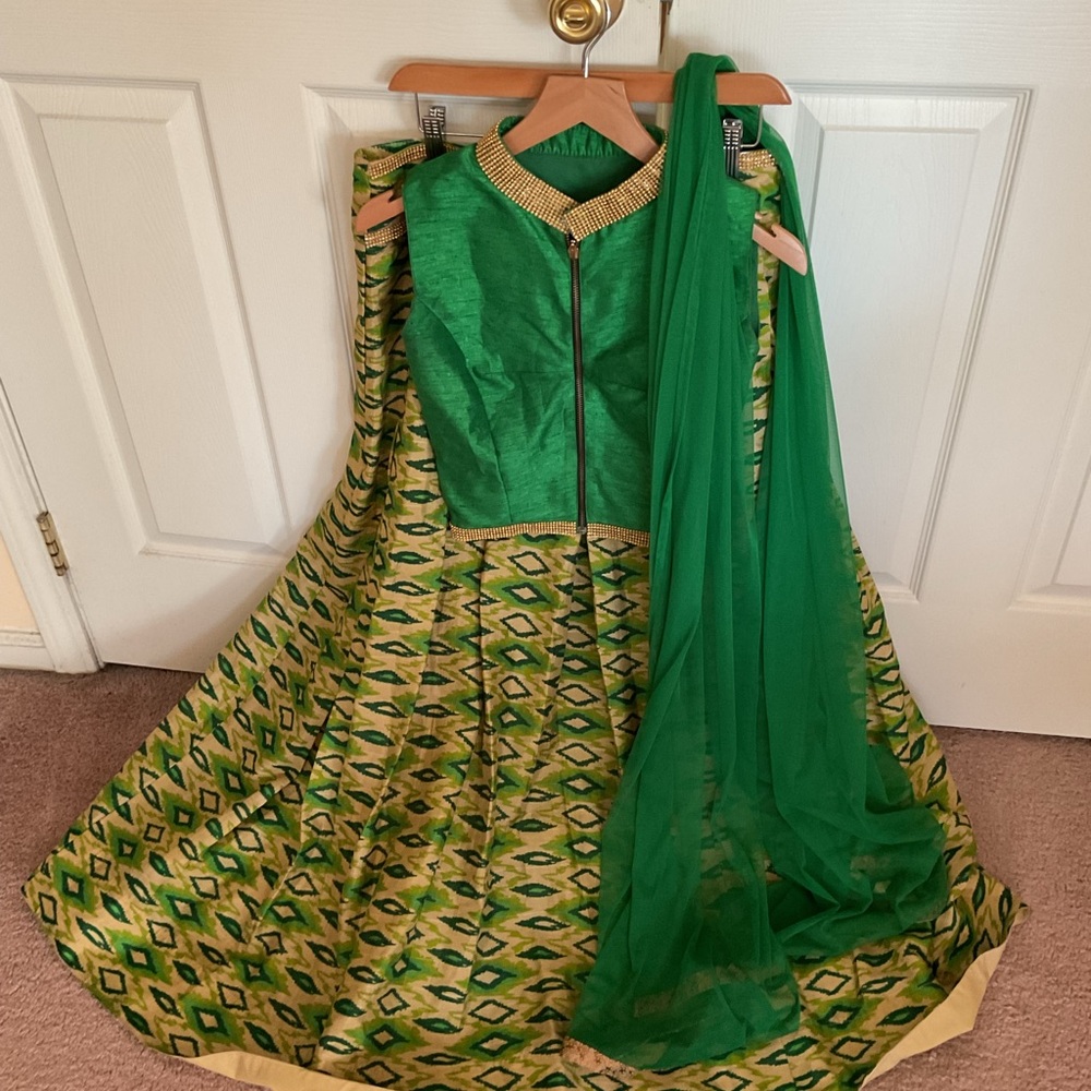 Green and Gold Women's Lehenga with Embellished Neckline